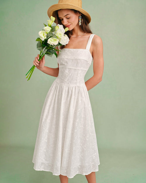 Weißes Slip-Midi-Kleid mit eckigem Ausschnitt