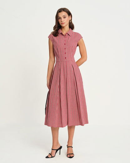 Rot kariertes Midikleid mit Kragen