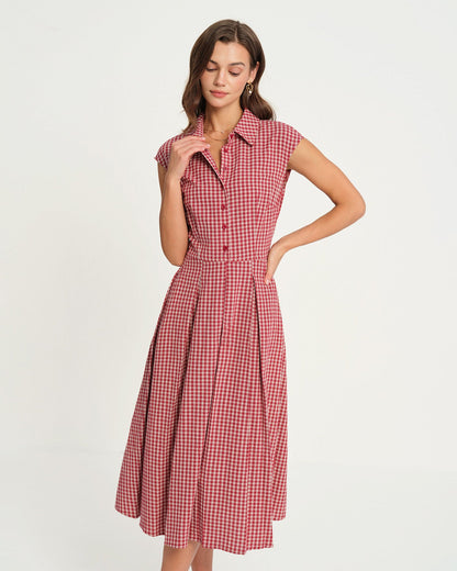 Rot kariertes Midikleid mit Kragen