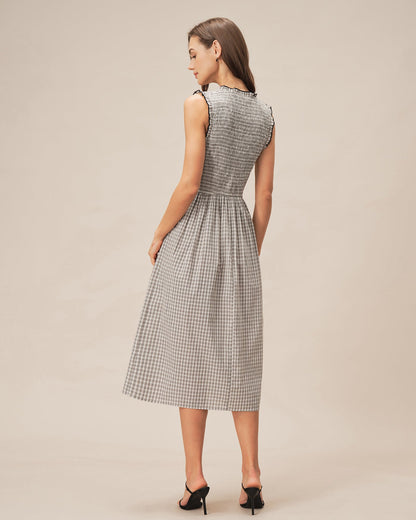 Black V Neck Plaid Midi Dress