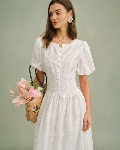 Weißes Midikleid mit Blumenmuster und Rundhalsausschnitt
