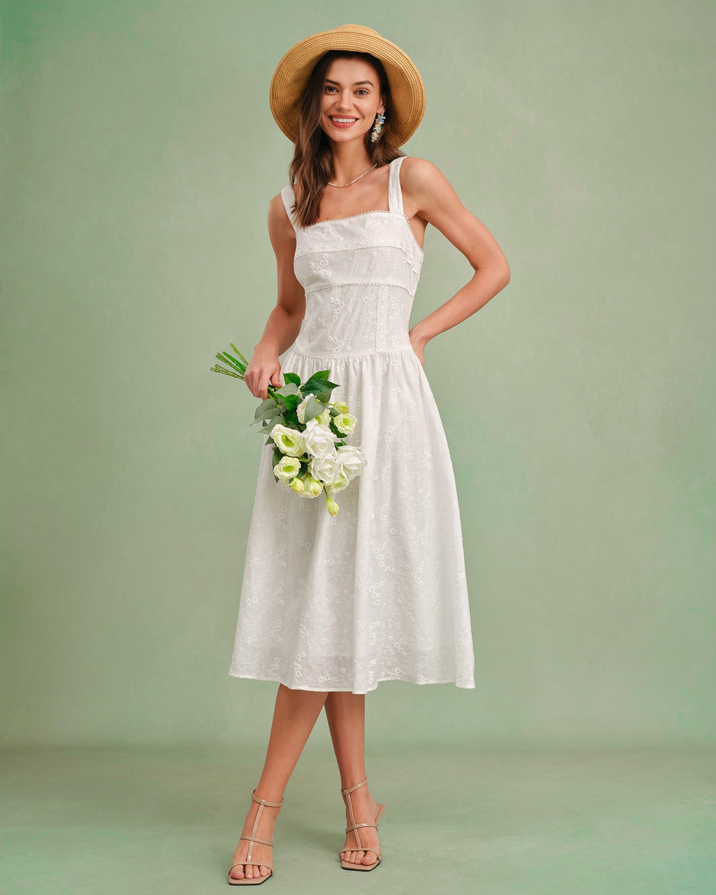 Weißes Slip-Midi-Kleid mit eckigem Ausschnitt
