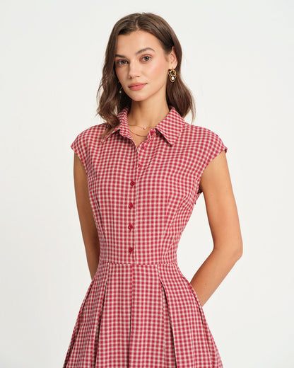 Rot kariertes Midikleid mit Kragen
