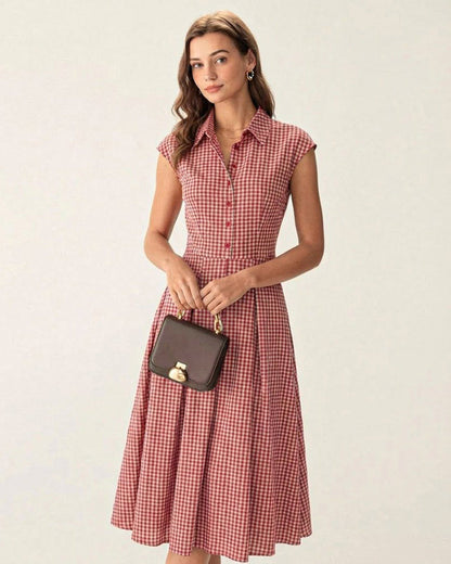 Rot kariertes Midikleid mit Kragen