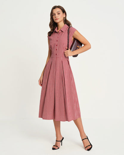 Rot kariertes Midikleid mit Kragen