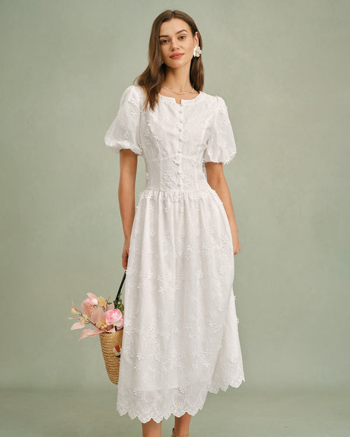 Weißes Midikleid mit Blumenmuster und Rundhalsausschnitt