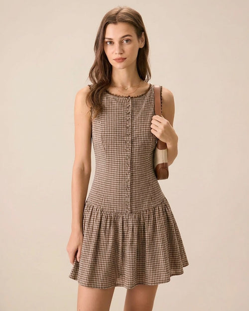 Brown Lace Plaid Mini Dress