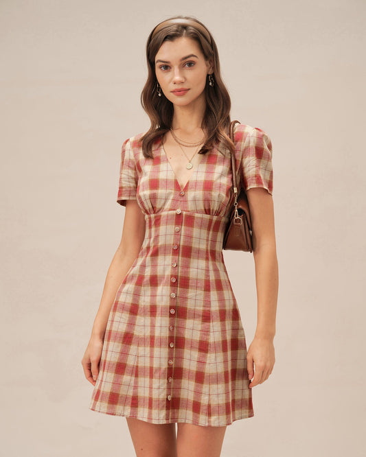 Rotkariertes Mini-Kleid mit V-Ausschnitt