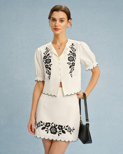 Beige Embroidery Contrasting Mini Skirt