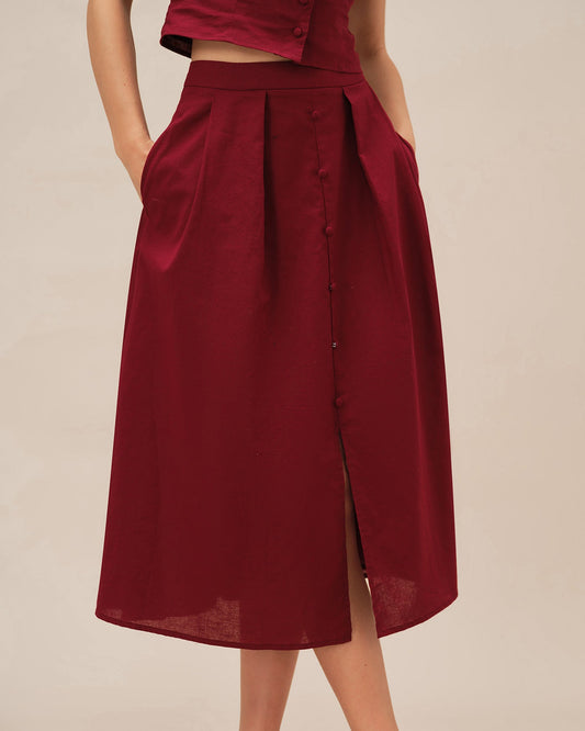 Roter geraffter Midi-Rock mit Schlitz