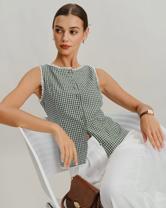 Grünes Neckholder-Tanktop mit Karomuster