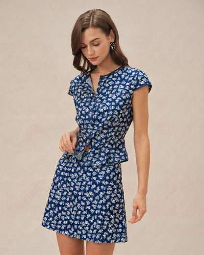 Blaues Blumenmuster Kurzarm-Knopfleiste-Bluse