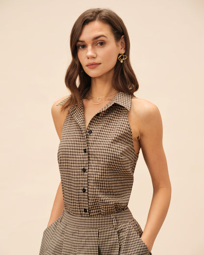 Braune Bluse mit Karokragen