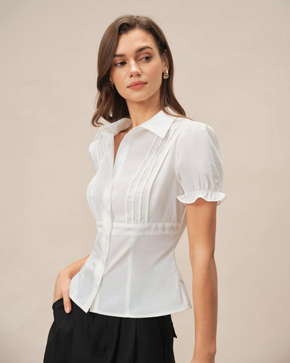 Weiße Bluse mit Puffärmeln und Kragen