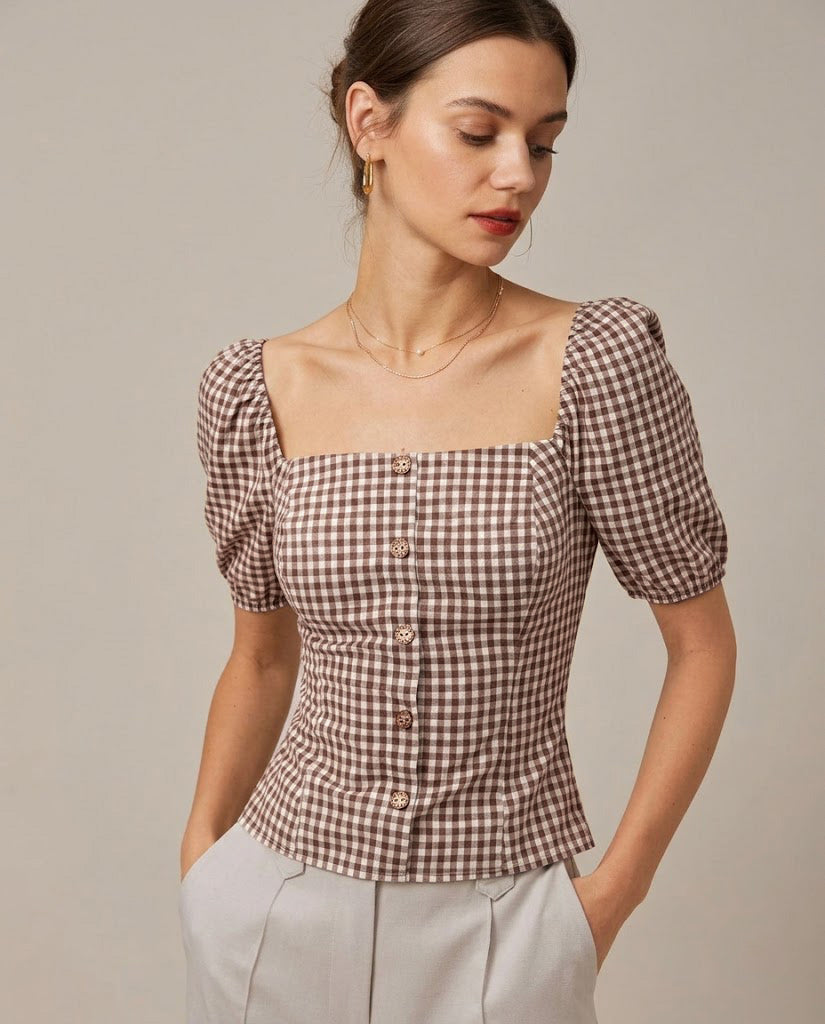 Braune Bluse mit Karomuster, eckigem Ausschnitt und Puffärmeln