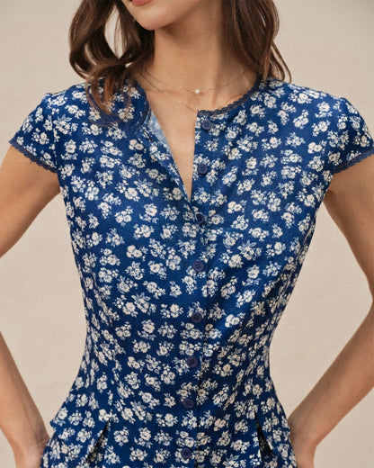 Blaues Blumenmuster Kurzarm-Knopfleiste-Bluse