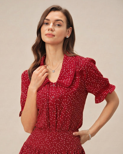 Rot gepunktete Bluse mit Puffärmeln und Kragen