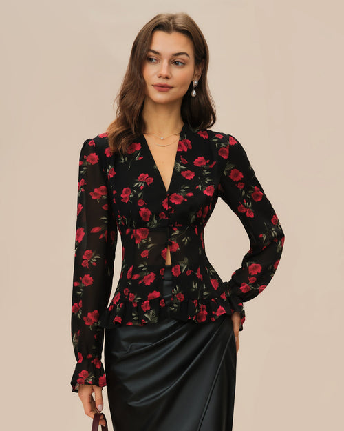 Black Floral V Neck Blouse