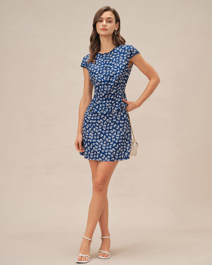 Blaues Blumenmuster Kurzarm-Knopfleiste-Bluse
