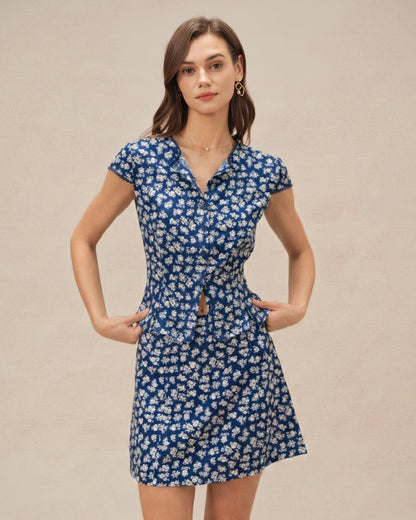 Blaues Blumenmuster Kurzarm-Knopfleiste-Bluse