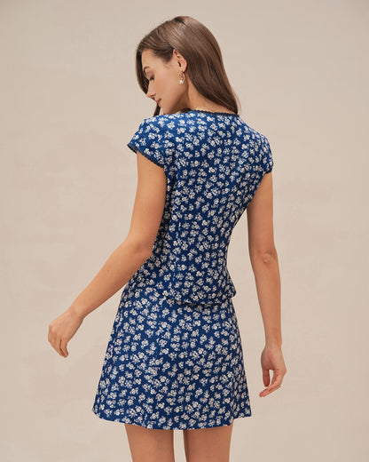 Blaues Blumenmuster Kurzarm-Knopfleiste-Bluse