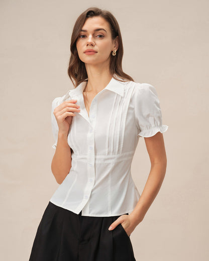 Weiße Bluse mit Puffärmeln und Kragen