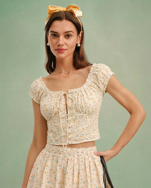 Gelbe florale Bluse mit eckigem Ausschnitt