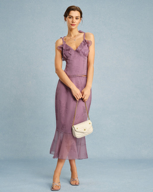 Purple V Neck Floral Ruffle Cami