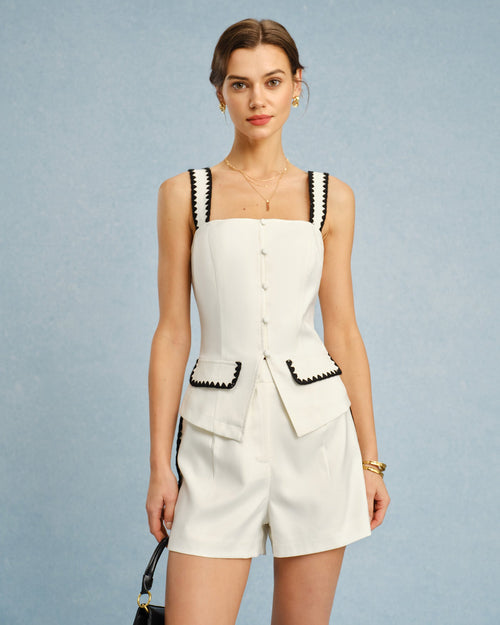 Beiges Camisole-Top mit eckigem Ausschnitt und Kontrastdetails