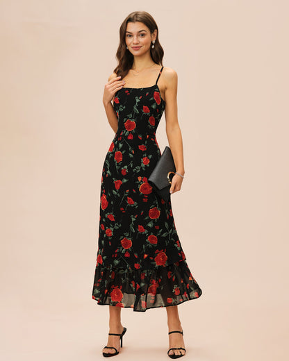 Schwarzes geblümtes Slip-Maxikleid aus Chiffon