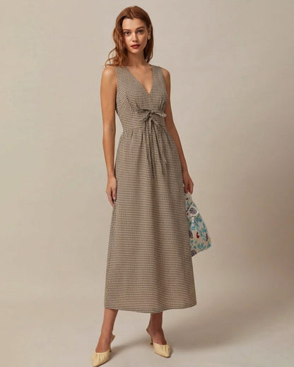 Braunes V-Ausschnitt Maxikleid mit Karomuster
