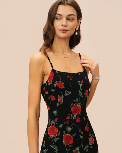 Schwarzes geblümtes Slip-Maxikleid aus Chiffon
