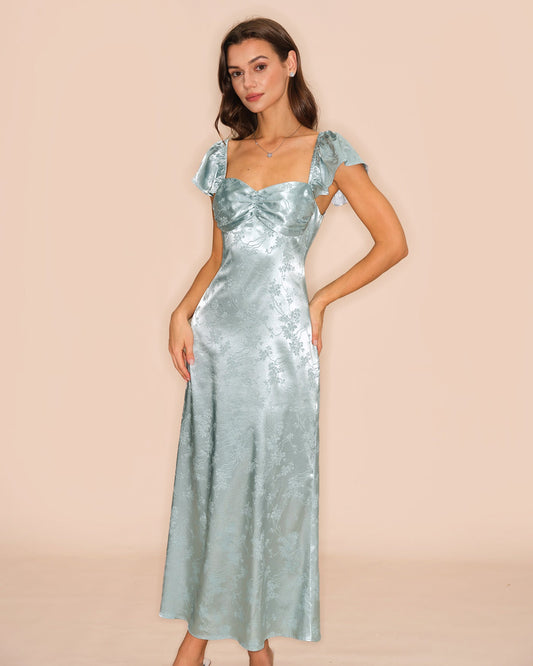 Grünes geblümtes Maxikleid mit Herzausschnitt