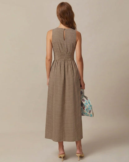 Braunes V-Ausschnitt Maxikleid mit Karomuster