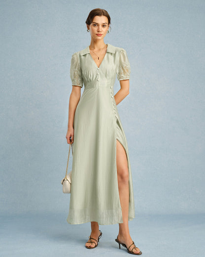 Grünes Maxikleid mit V-Ausschnitt und Knopfleiste
