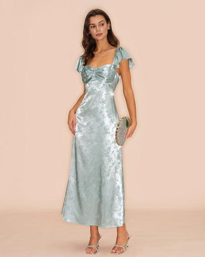 Grünes geblümtes Maxikleid mit Herzausschnitt