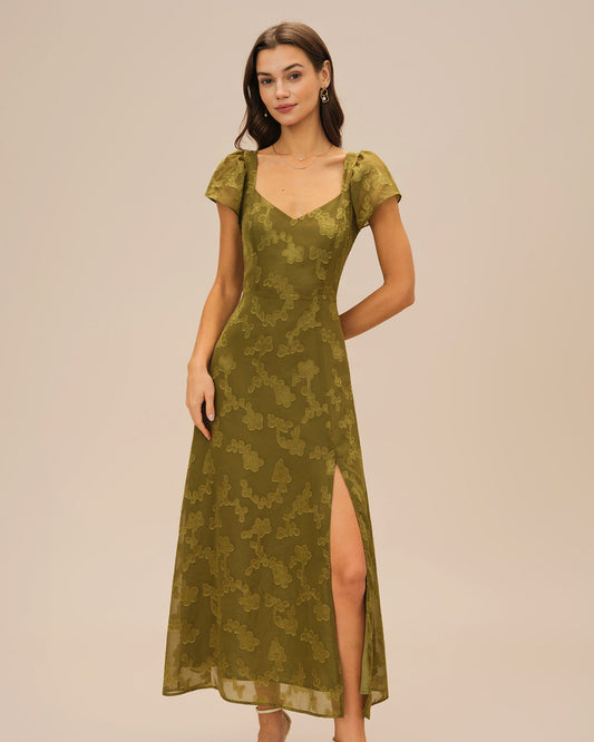 Grünes Jacquard-Maxikleid mit Herzausschnitt