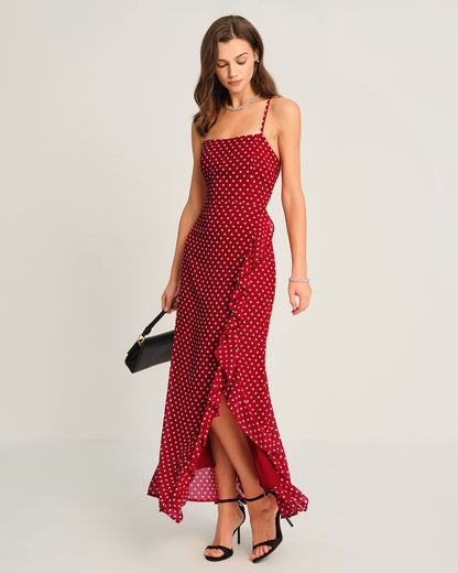 Rotes gepunktetes Slip-Maxikleid
