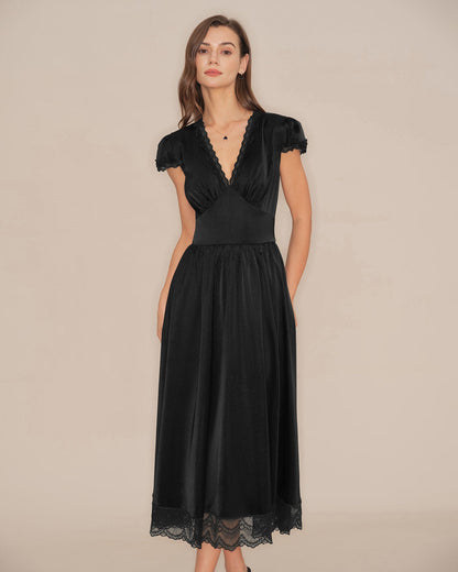 Black V Neck Lace Puffed Sleeve Maxi Dress