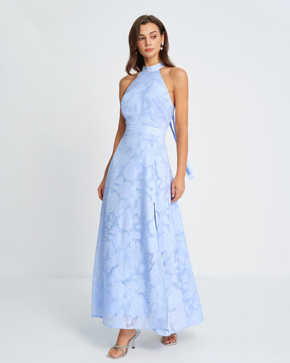 Blaues Jacquard-Maxikleid mit Rollkragen