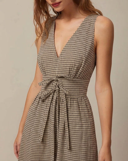Braunes V-Ausschnitt Maxikleid mit Karomuster