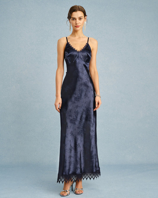 Marineblaues Jacquard-Spitzen-Maxikleid