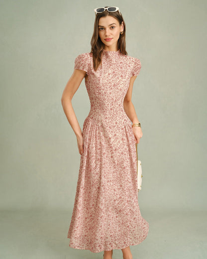 Rosa Maxikleid mit Blumenmuster und Stehkragen