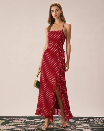 Rotes gepunktetes Slip-Maxikleid
