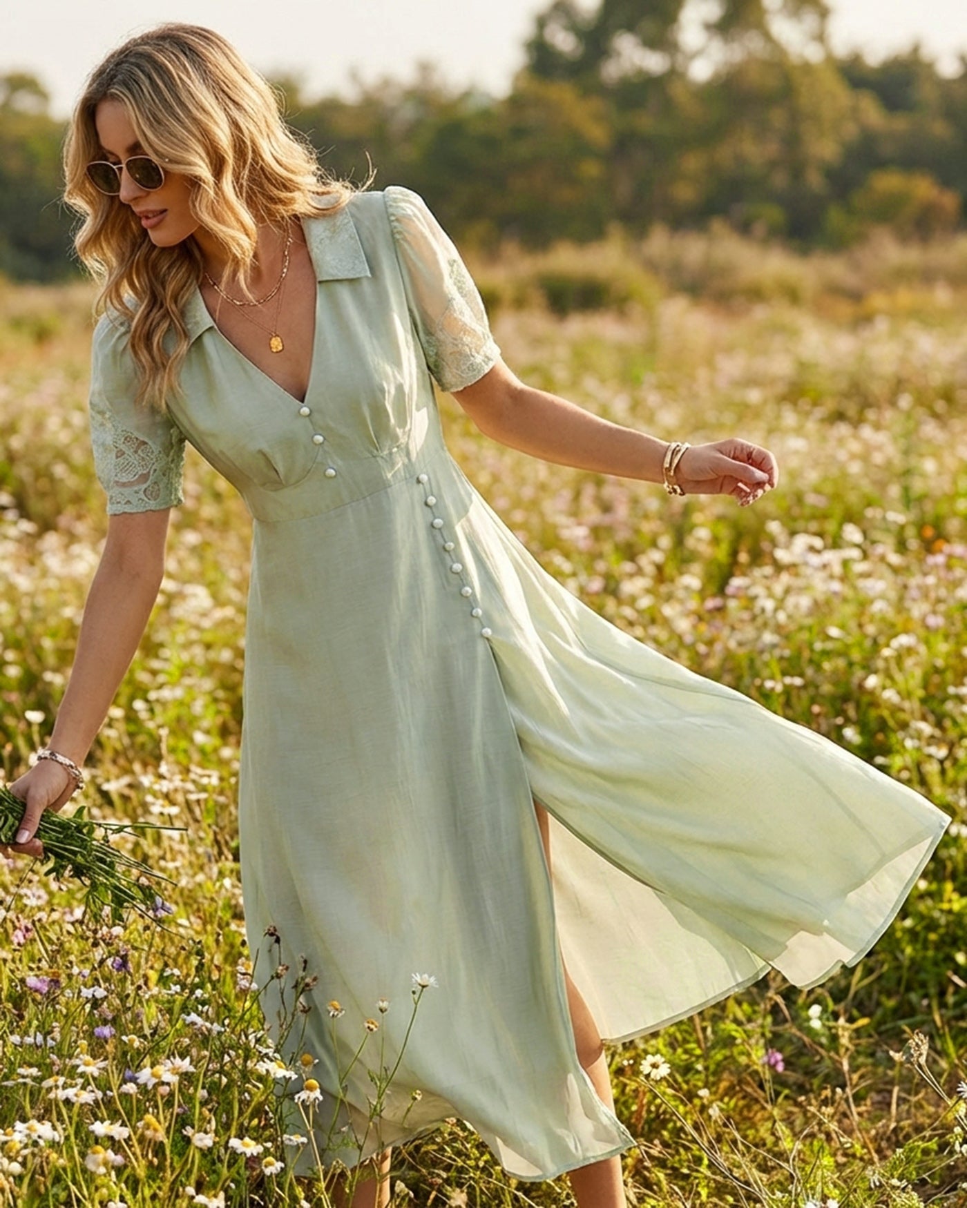 Grünes Maxikleid mit V-Ausschnitt und Knopfleiste