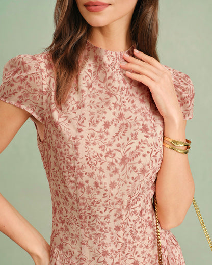Rosa Maxikleid mit Blumenmuster und Stehkragen
