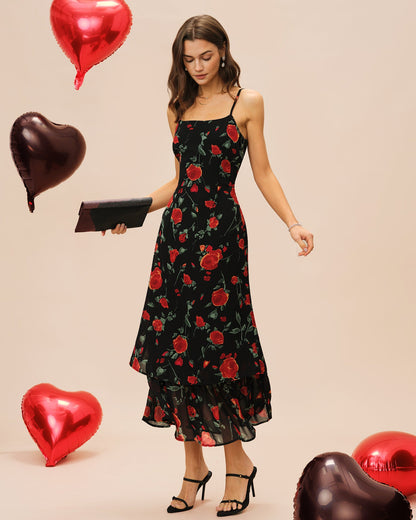 Schwarzes geblümtes Slip-Maxikleid aus Chiffon
