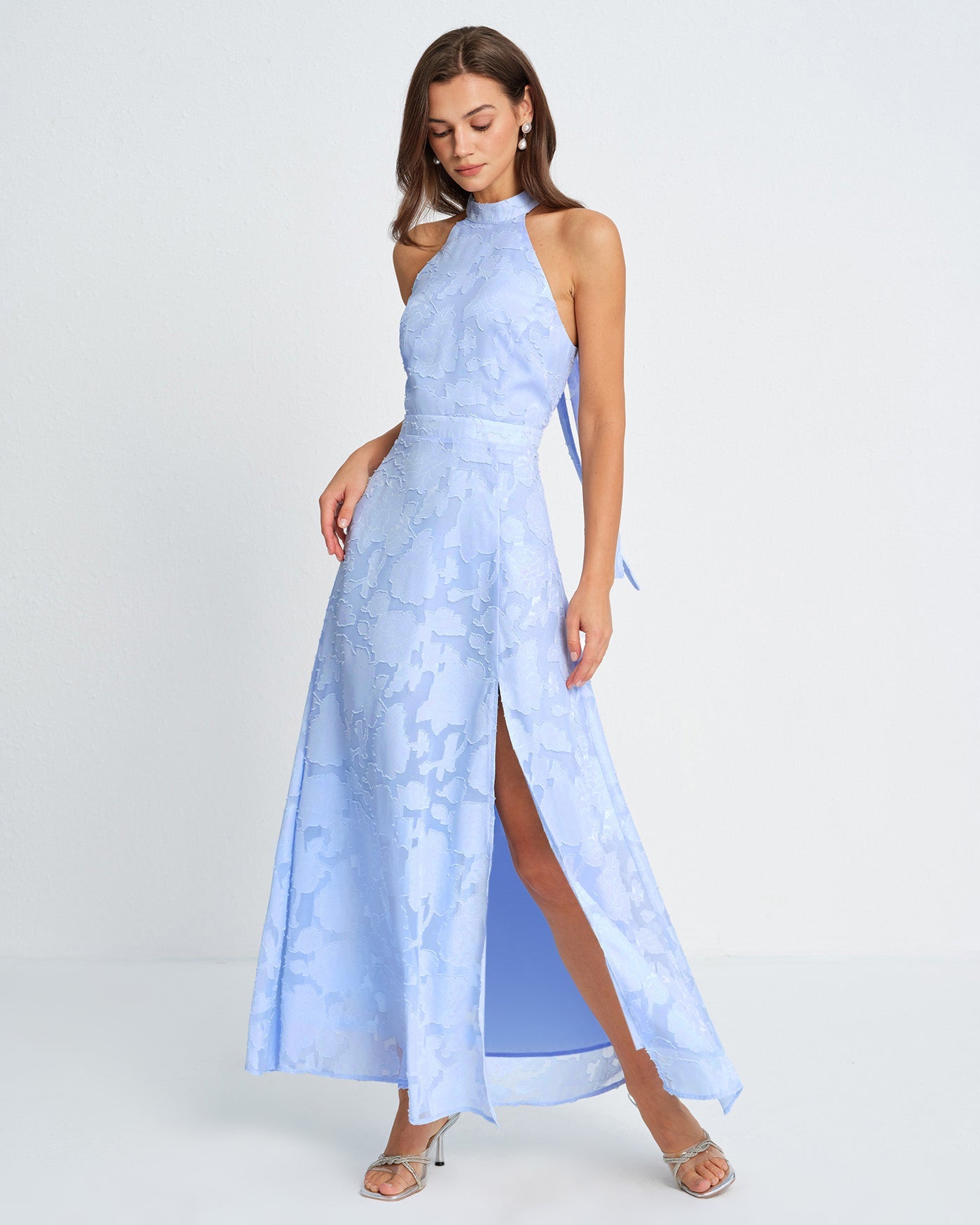 Blaues Jacquard-Maxikleid mit Rollkragen