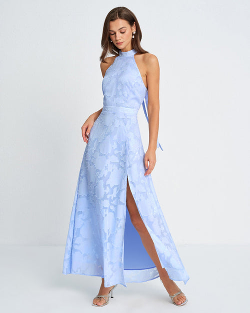 Blaues Jacquard-Maxikleid mit Rollkragen