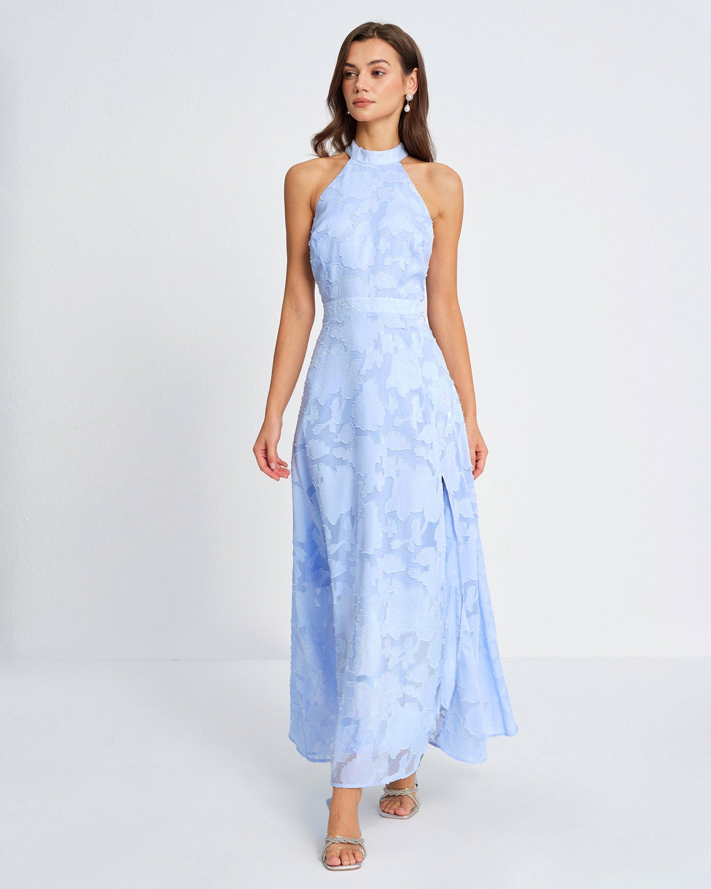 Blaues Jacquard-Maxikleid mit Rollkragen
